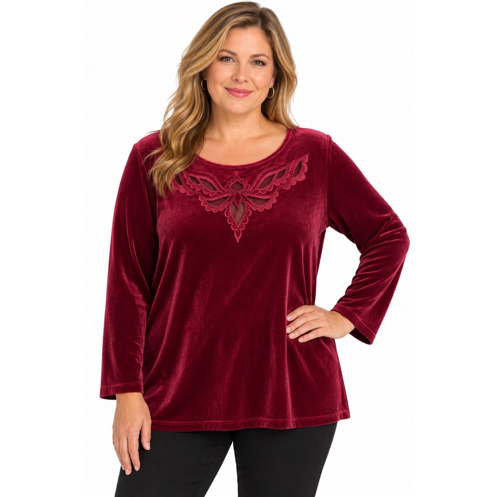 Bob Mackie Wearable Art Burgundy Velvet Beaded Cutout Top XL Red Long Sleeve NWT